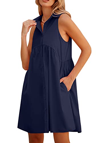 DEEP SELF Women Summer Collared Shirt Dress Casual Loose Button Down Short Dress V Neck Tunic Mini Dress with Pockets