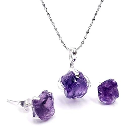 February birthstone, Raw rough Amethyst with sterling silver cross chain necklace set. February birthstone necklace jewelry set, uniquelan jewelry AmethystAmetrine