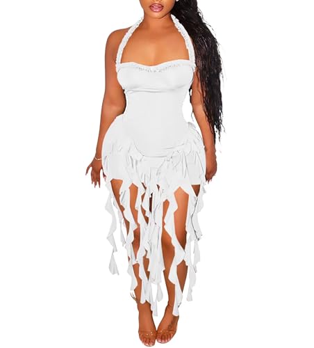 Image of Aro Lora Womens Sexy Halter Neck Sleeveless Ruffle Tassel Party Club Bodycon Mini Dress
