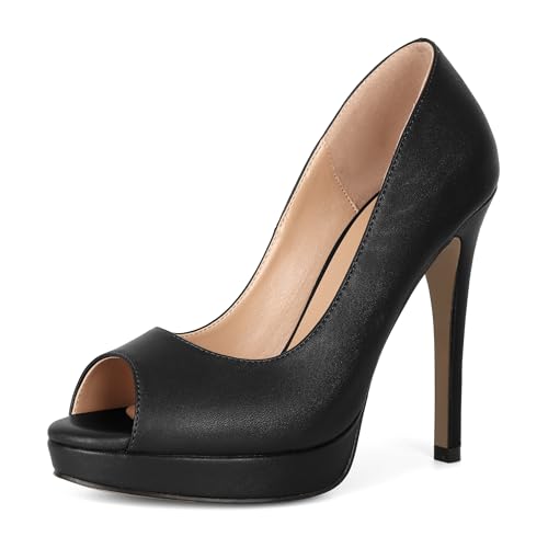 Joseywade Platform Stiletto Heels Women's Peep Toe Thin Sky High Heel Pumps 5 Inch Party Dance Dressy Slip On Shoes for Work Office Casual Party Matte Black US Size 8.5