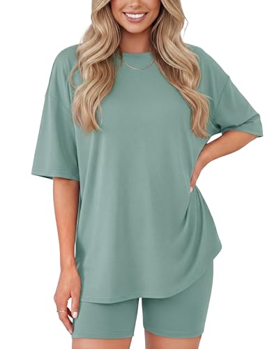 ZOOSIXX 2 Piece Sets for Women Summer - Oversized T-Shirt and Biker Shorts Lounge Sets Matching Outfit for Travel Casual, Mint Green, Small