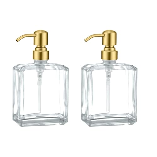 Image of Square Clear Glass Dish Soap Dispenser Set 2 Pack, Brushed Gold Refillable Hand Soap Dispenser with Rust Proof Stainless Steel Pump 2 x 13.5 oz Lotion Dispenser for Bathroom Vanity Kitchen