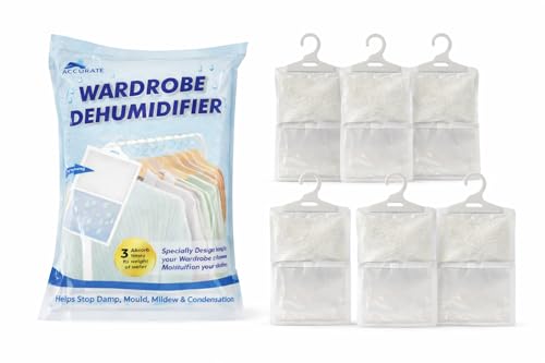 6 x Hanging Wardrobe Dehumidifier Bags Closet & Cabinet Moisture Absorbers Prevent Damp Mould & Musty Smells