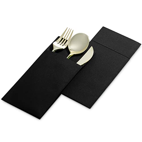 Disposable Linen-Feel Dinner Napkins with Built-in Flatware Pocket, 500-Pack BLACK Prefolded Cloth Like Paper Napkins For Dinner, Wedding Or Party [Silverware NOT Included] - Thumbnail 3