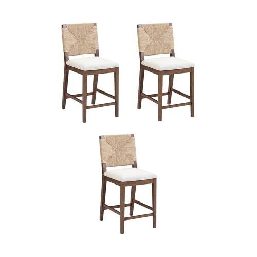 Nathan James Beacon Bohemian Boucle Bar Stool, Upholstered Bar Stool or Island Chairs for Kitchen, Seagrass Counter Height Stool with Back and Solid Wood Legs, Cream Boucle/Dark Brown, Set of 3