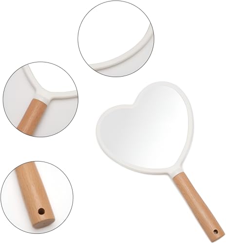 Image of Heart‑Shape Wood‑Handle Handheld Mirror - 25 x 13 cm Travel Makeup Mirror with Hanging Hole (Colour May Vary) (1, Heart)