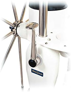 Lewmar 89400108 Control Mechanism DF Cranked Handle mounted on a pedestal, showing the cranked handle and part of a steering wheel.