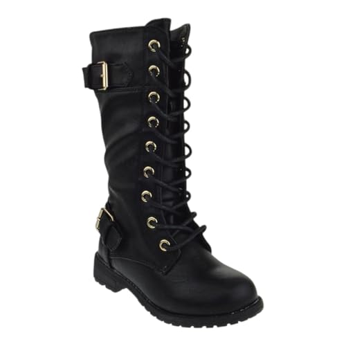Forever Link Kid's Girls Knee High Lace Up Zipper Combat Riding Boots Mango 27 Pu Black 10