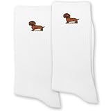 ERMCDFHC Weiner Dog Socks for Women or Men - Cute Cartoon Dachshund Design Wiener Dog Embroidery White Crew Socks.(075)
