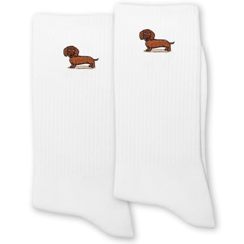 ERMCDFHC Weiner Dog Socks for Women or Men - Cute Cartoon Dachshund Design Wiener Dog Embroidery White Crew Socks.(075)