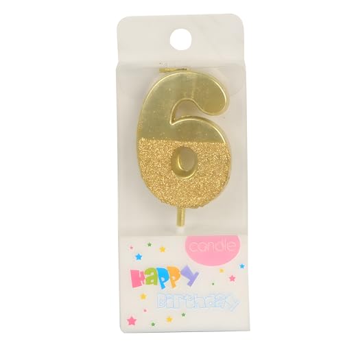 Image of Birthday Number Candles 6 for Kids Cake Topper Decoration Sparkle Gold Metallic Drip-Resistant Candles for Wedding Anniversary Graduation Retirement Sixth Year Celebration Size 5 x 3.5 cm