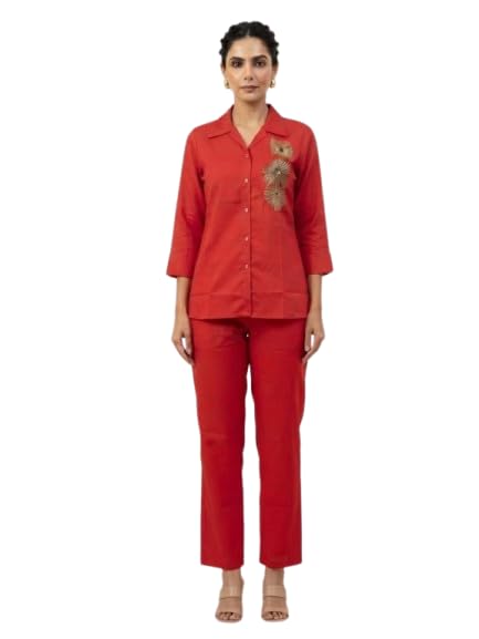 pranisha Women's Solid Red with Embroidered Shirt & Straight Pants-picture-14
