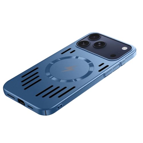 Coque iPhone 17 Pro Max fine et respirante en métal bleu pour recharge sans fil