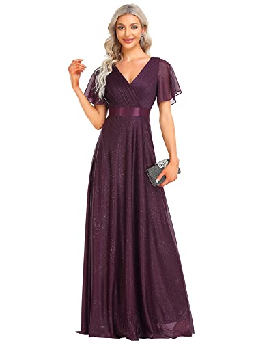 Image of Ever-Pretty Women's Summer Glitter Formal Dresses Evening Gown V Neck Short Sleeves Floor Length Mother of Bride Dress 50159