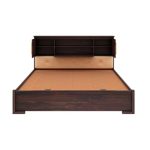 Ganpati Arts Solid Sheesham Wood Maharaja King Size Bed with Headboard and Hydraulic Storage Wooden Double Bed Palang for Bedroom Home (Walnut Finish)