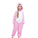 FZOSM Animal Onesie Costumes for Girls Flannel Hooded Halloween One Piece Cosplay Outfits Kids (Pink Pig, 10-12 Years)
