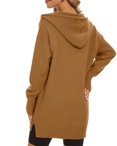 Image of Women's Hooded Sweater Loose Half Zip Drawstring Pullover Sweatshirt Top Casual Long Sleeve Side Slit Knit Hoodie