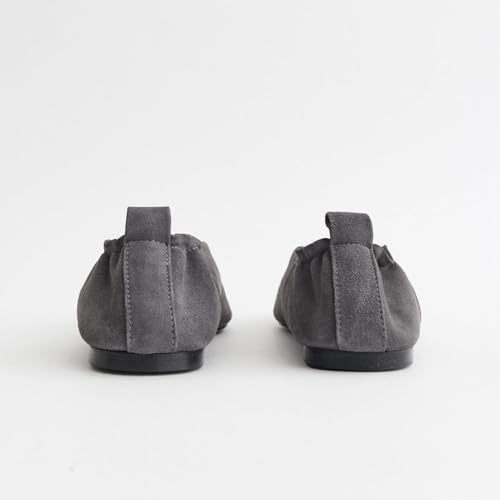 Women's Square Toe Ruched Suede/Matte Leather Ballet Flats Fashion V Shaped Silhouette Slip On Office Dressy Flats for Women Grey Suede Size 8.53