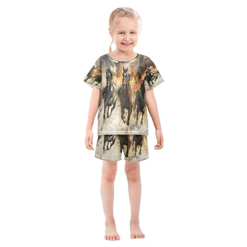 ALAZA Horse Fire Animal Pajamas Set Short Sleeve Cotton Sleepwear Summer Pjs 2 Piece 5-14Y3