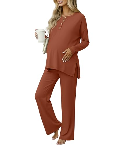 Image of Yearntown Women's Maternity Pajamas Sets, Long Sleeve Pregnancy Postpartum Delivery Lounge Nursing Pjs with Pockets Pjs