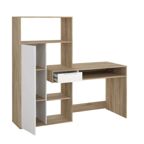Dmora - Bureau multifonction avec bibliothèque, tiroir et porte, coloris blanc et chêne, 162 x 155 x 60 cm – vue 8