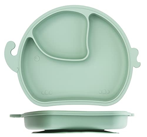 Assiette à pour Bébé Silicone, Plaque d'alimentation Antidérapante pour Tout-petits Les Enfants avec une Forte Aspiration, Adapté au Lave-vaisselle et au Four à micro-ondes (Elephant-Green)