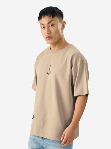 Image of The Souled Store Official One Piece: Most Wanted Men and Boys Short Sleeve Round Neck Brown Graphic Printed Cotton Oversized T-Shirts