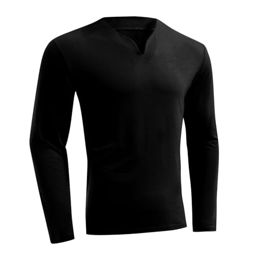 Camiseta ligera para hombre, talla grande, color liso, estilo casual, cuello en V, camiseta de manga larga, ropa de invierno y otoño, 01 negro., M