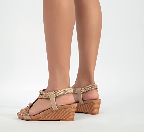 Fralosha Wedge Sandals For Women Elastic Ankle Strap Sandals Dressy Summer Rhinestone Glitter Casual Wedge Heels Open Toe Beach Platform Shoes Sandal Glod 8 #TOP5