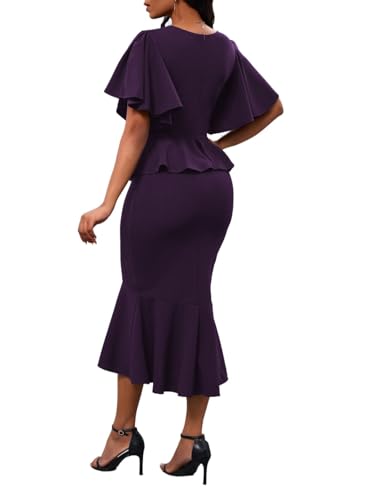 Image of Womens Summer Ruffle Short Sleeve Fishtail Dress Evening Cocktail Formal Peplum Midi Mermaid Dresses Elegant