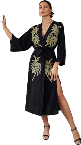 RanRui Black Embroidery Kimonos for Women Long Sleeved Loose Duster Kimono Over Sized Beach Boho Kimono Beach Cover up Bathing Suit Cover up Open Front Kimono Robe with Belt 23074-0