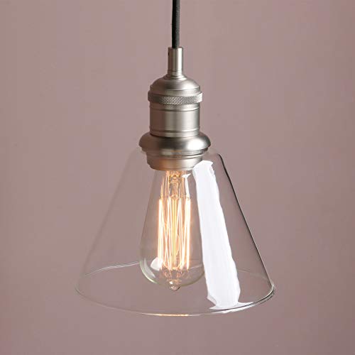 1-Light Vintage Edison Hanging Pendant Light, Yosoan Mini Funnel Flared Glass Clear Glass Shade For Kitchen Bathroom Porch Living Room Dinning Room Office Restaurants Hotels Bar Island (Brushed) #TOP7
