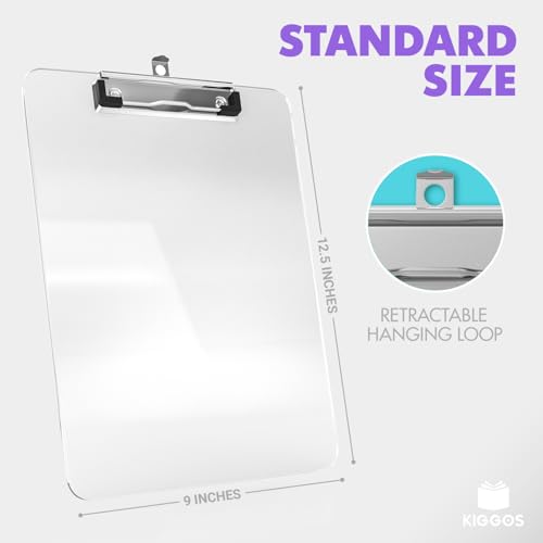Image of KIGGOS Acrylic Clipboards 12.5 x 9, Clear 6 Pack Letter Size Clip Boards with Low Profile Metal Clips, Hold up to 100 Sheets, Lightweight Set for Classroom, School, Office and Home