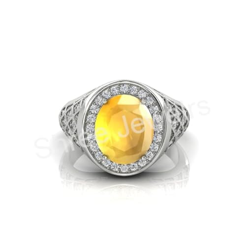 Bague saphir jaune naturel 6 carats monture Panchdhatu protectrice plaquée or blanc