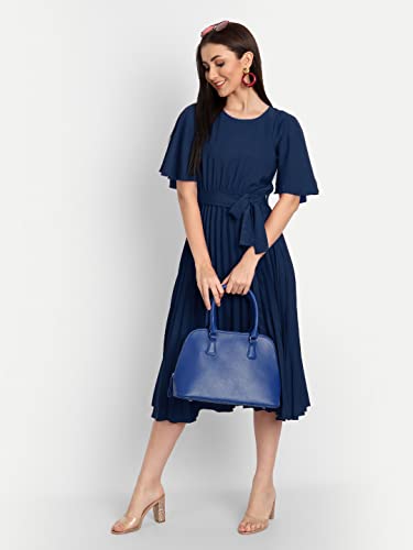 Image of KUDUZO Women's Crepe Long Pleated Below Knee Length Flutter Sleeve Round Neck S to XL Maxi Dress for Girls. (EG-U0IM-B9A1)