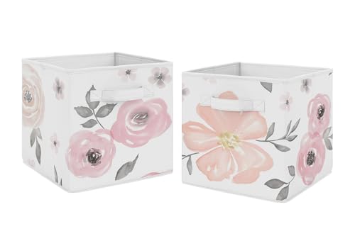 Image of Sweet Jojo Designs Set of 2 Collapsible Fabric Storage Cubes (Pink/Grey Boho Floral) for Girls, Baby, Kids, Childrens Foldable Bins Organizer Boxes Toys (Watercolor, Flower, Elegant Rose, Farmhouse)