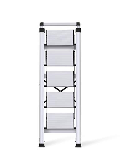 Xinsunho Retractable Handgrip 5 Step Ladder Safety Wide Pedal Step Stool Aluminum 300lbs Capacity Slim Design Ladder