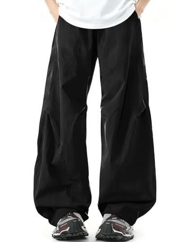 Haloumoning Boys Parachute Pants Kids Baggy Wide Leg Elastic Waist Track Pants Athletic Joggers with Pockets 5-14Y Black