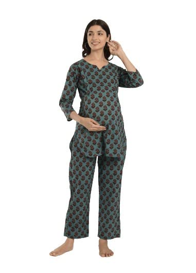 Pre & Post Maternity / Nursing Wear Hand Printed Night Suits / Night Dress with Both Sides Zipper for Easy Feeding for to Be Moms & Nursing Mothers – Pure Cotton –-image-17