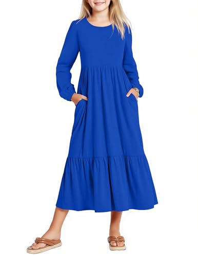 Image of Arshiner Girls Maxi Dresses Lantern Long Sleeve Casual Holiday Dress with Pockets for 5-14 Y