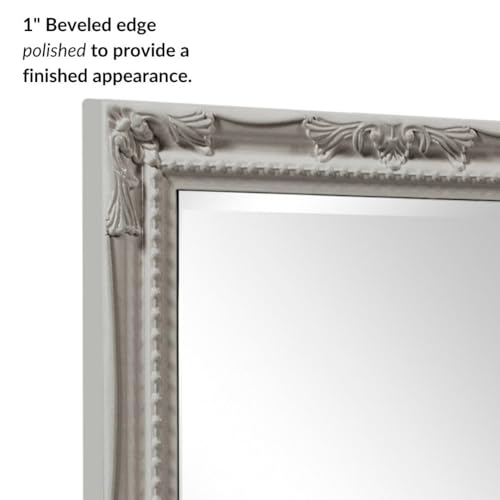 Image of Howard Elliott Collection Queen Ann Rectangular Glossy Nickel Wall Mirror, Rectangle Hanging Wood Framed Vanity Mirrors for Home Decor, Living Room, Bathroom, Bedroom, or Hallway, 24 x 36 Inch