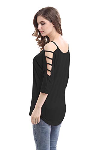Mooncolour Womens 3/4 Sleeve Hollow Out Casual Loose Solid Blouse Tops,Us Large,Black #TOP4