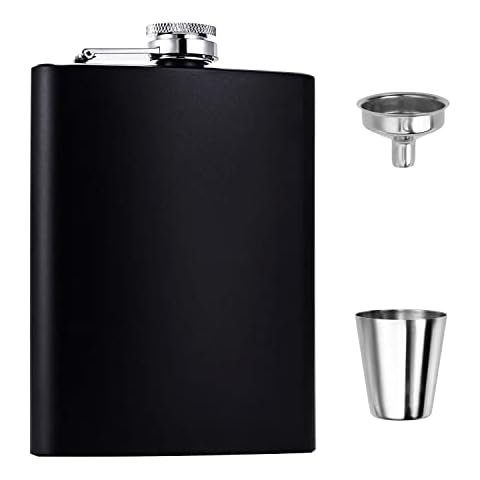 Hip Flask Set, Stainless Steel Flasks with Small Cups and Funnels, 8 oz, Matt Black Cover