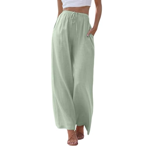 Generic Women's Linen Summer Palazzo Pants Flowy Wide Leg Beach Pants with Pockets Drawstring Elastic High Waist Summer Linen Pant, Small, A#_green