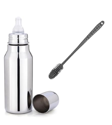 Image of Stainless Steel 304 Grade Baby Feeding Bottle and Cleaning Brush Set | Steel Soft Silicone for Newborns, Infants, Toddlers, and Kids of 6 Months to 2 Years | Silver | 250ml | Pack of 1
