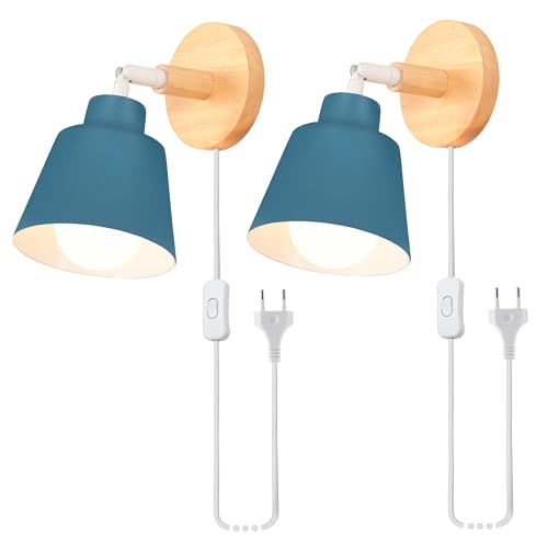 iDEGU 2 Pezzi Applique da Parete Interno Retrò Lampade da Parete in Metallo e Legno Moderne Lampada a Muro Orientabile con Interruttore e Spina E27 Luce da Camera da Letto Soggiorno (Blu Oxford)
