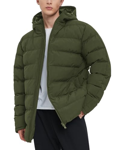 Flygo Mens Hooded Puffer Jacket Insulated Winter Waterproof Warm Coat Zipper Down Quilted Jackets(ArmyGreen-M)