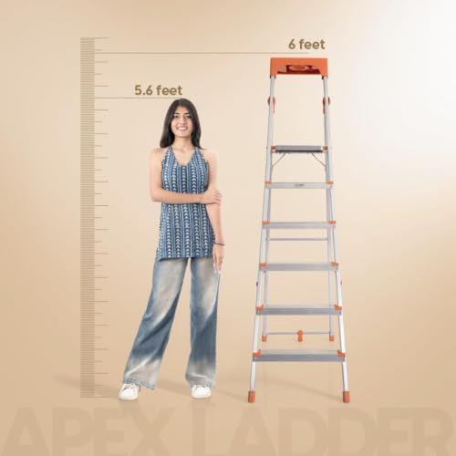 Image of PROHOME Aluminium Ladder for Home 6 Steps Foldable with Tool Tray & Anti-Skid Wide Steps | 6 Step Ladder for Home Use, Kitchen & Household | 250 Kg Capacity Folding Ladder | 5 Year Warranty (Orange)