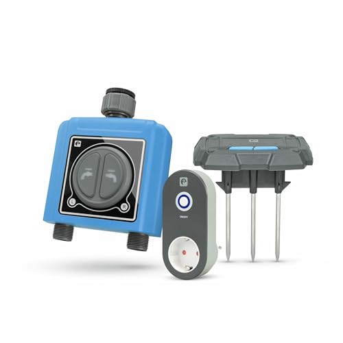 Garza Smart - Programador de riego 2 Zonas automático WiFi con Enchufe Hub Inteligente Adicional y Sensor de Humedad y Temperatura, Controlador de ciclos de riego para Exterior, WiFi 2.4 GHz.