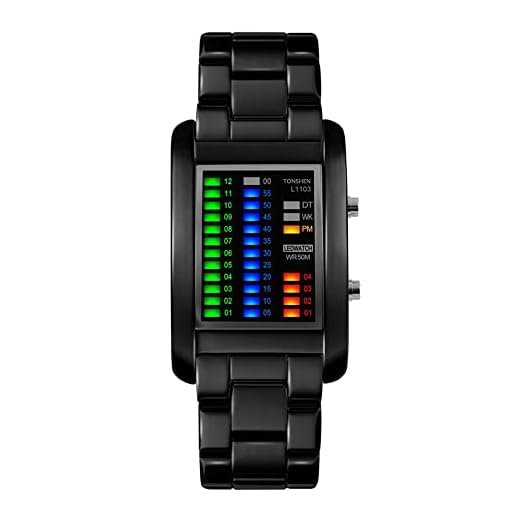 TONSHEN Moda Binario Relojes de Hombre Acero Inoxidable Rectangular Dial 4 Colores LED Luz Diseño Unico Casual Deportes Digitales Relojes de Pulsera Impermeable 50M Resistente Agua (Negro)
